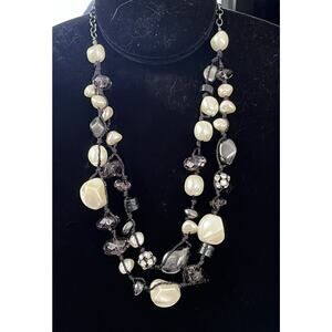 Chico’s Necklace Faux White Gray Pearls Gunmetal Rhinestones Chunky 16"-20"